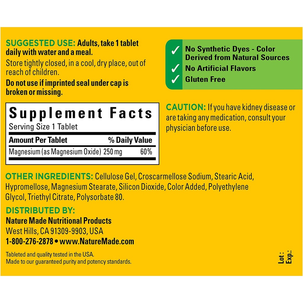 Viên Uống Bổ Sung Magie Nature Made Magnesium 250mg
